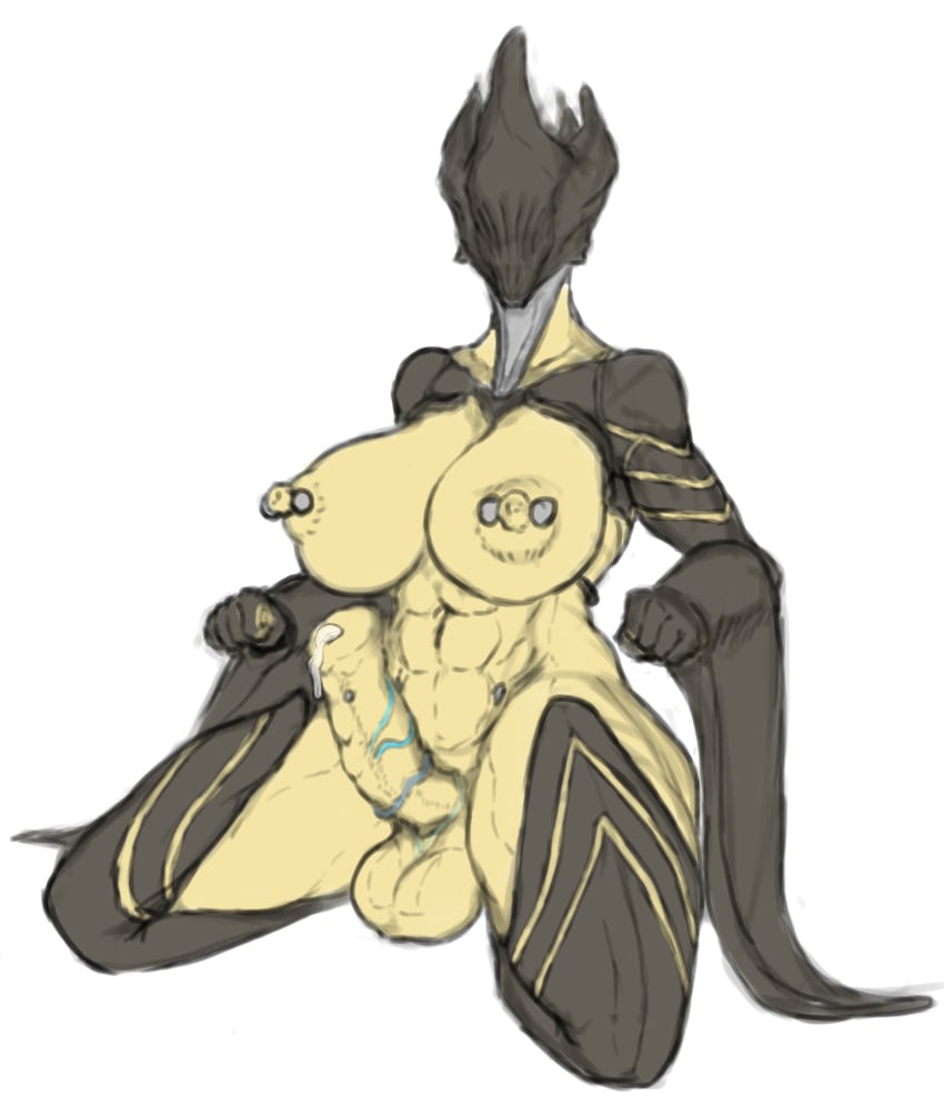 1futa 2d big_breasts big_penis ember_heirloom_(warframe) erect_nipples futa_only futanari hacking_piece leaking_precum nipple_piercing sitting unusual_penis warframe