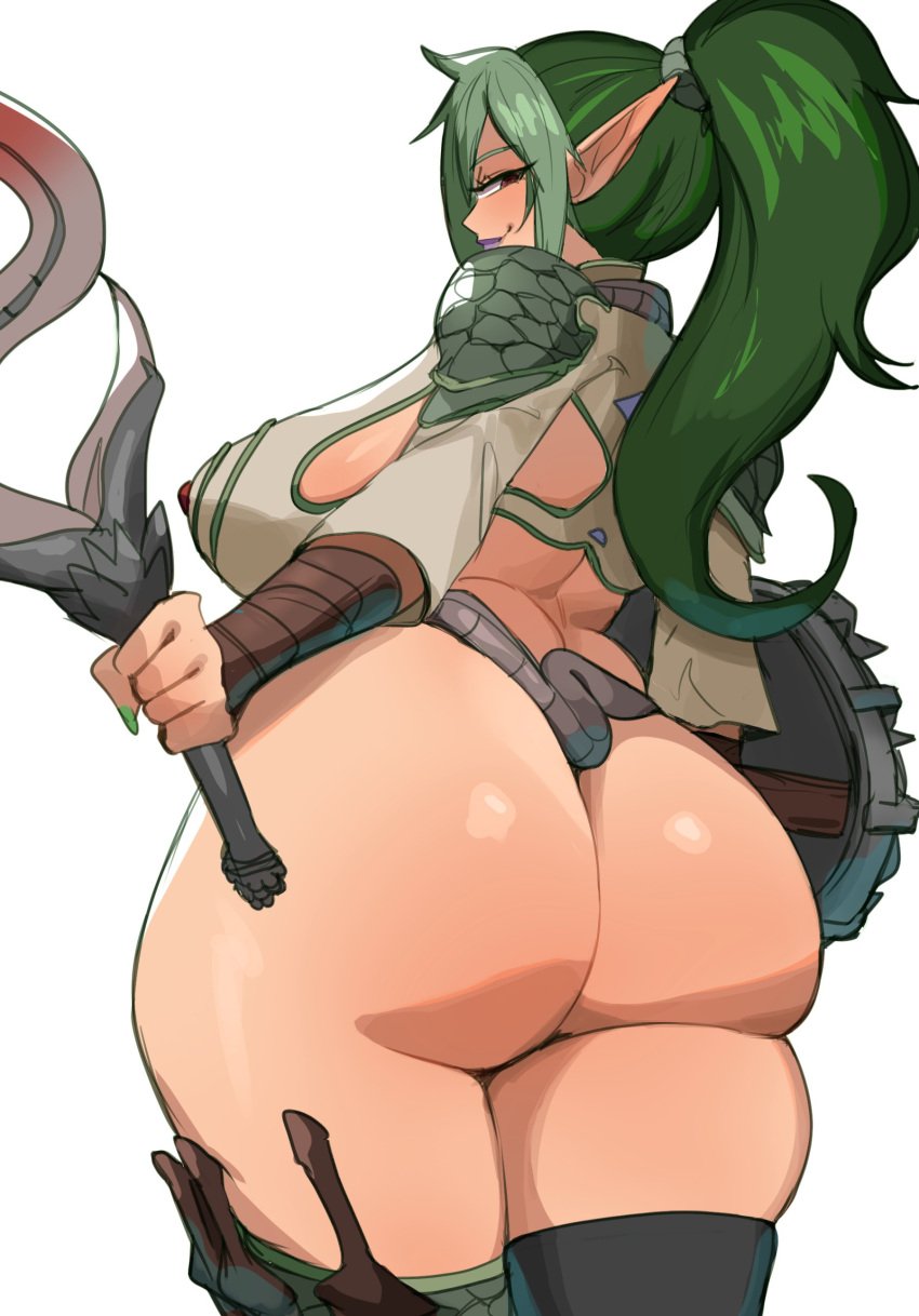 1girls ass big_ass big_breasts brown_eyes echidna_(queen's_blade) elf elf_ears elf_female female female_only green_hair hi_res lightsource long_hair looking_at_viewer looking_back looking_back_at_viewer narrowed_eyes ponytail purple_lipstick queen's_blade rear_view smiling smiling_at_viewer solo thick_ass thick_thighs white_background