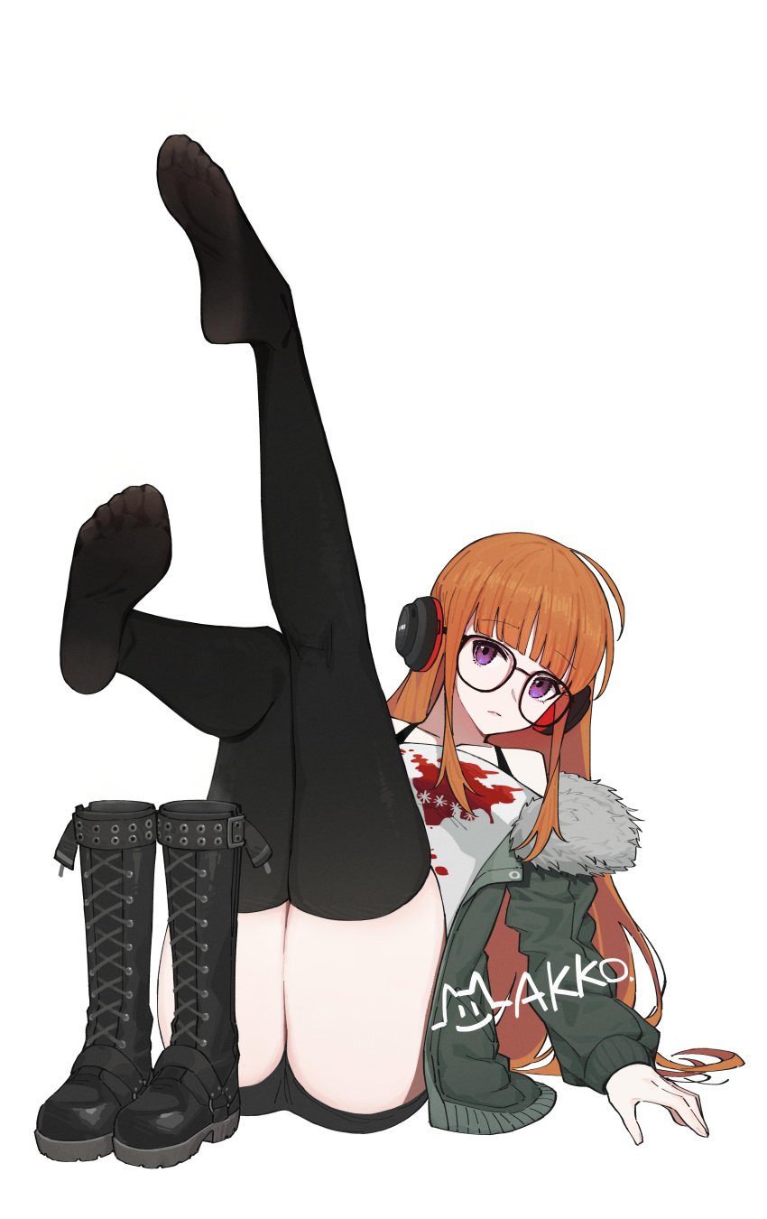 1girls ahoge black_legwear black_stockings boots boots_removed clothed emotionless feet feet_in_stockings female female_only fur_trim glasses headphones lan_mao_akko legs legs_up legwear light-skinned_female light_skin long_hair looking_at_viewer lying orange_hair persona persona_5 plantar_flexion purple_eyes sakura_futaba shorts soles_of_feet_in_socks solo stockings thighhighs thighs white_background