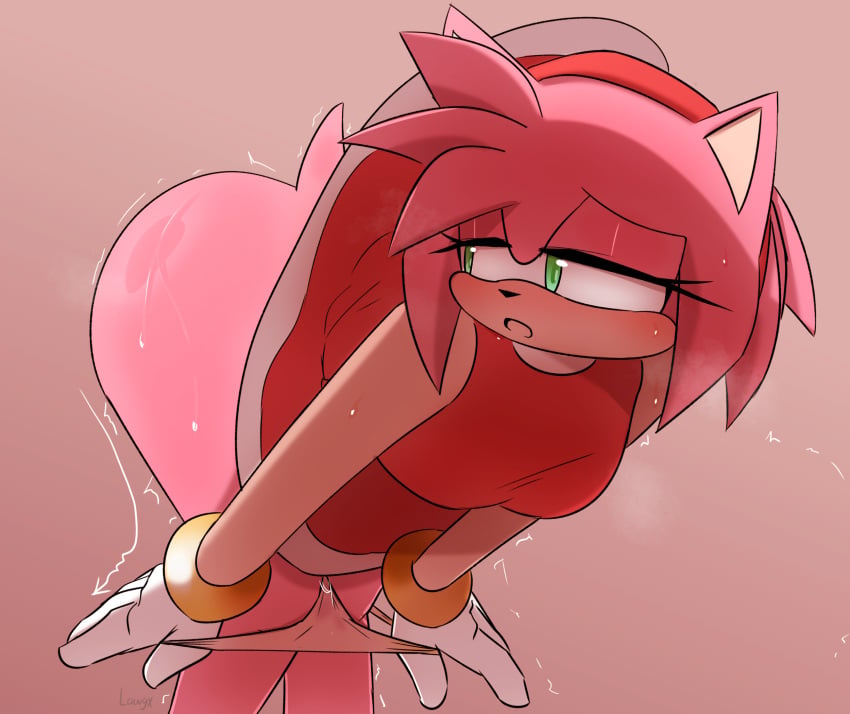 amy_rose anthro anus ass big_butt blush bodily_fluids clothing eulipotyphlan female genital_fluids green_eyes hedgehog hi_res lawgx mammal panties sega solo sonic_the_hedgehog_(series) sweat sweaty_butt sweaty_legs sweaty_thighs underwear vaginal_fluids