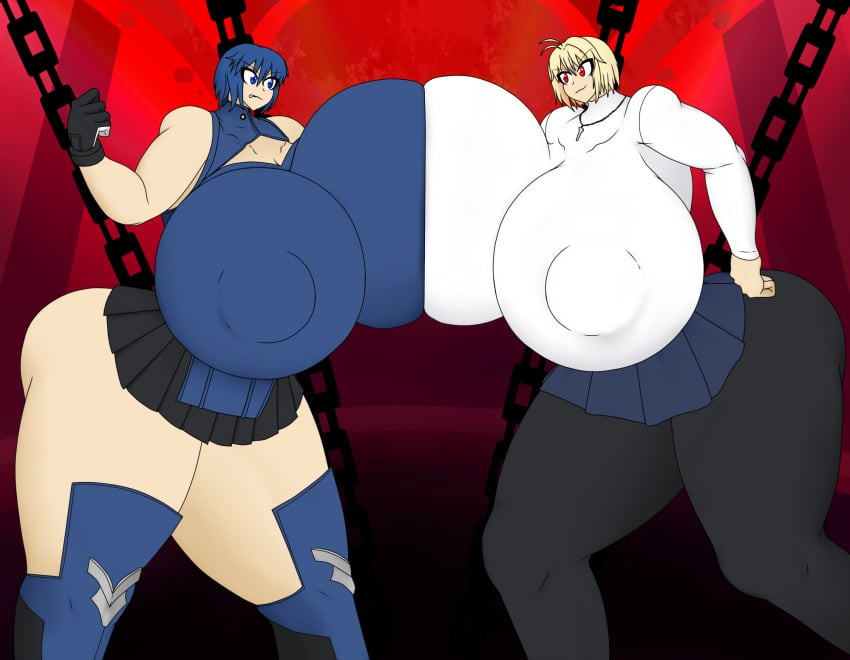 2girls ahoge alternate_breast_size arcueid_brunestud areola_bulge ass ass background battle_armor big_ass big_breasts big_female blonde_hair blue_eyes blue_hair breasts breasts_bigger_than_head chains ciel_(tsukihime) color comparing comparing_breasts female female_only hips hourglass_figure huge_ass huge_breasts hyper hyper_body hyper_breasts large_breasts larger_female melty_blood necrobern nipple_bulge nipples nipples_visible_through_clothing plump powered_ciel pressing pressing_breasts pressing_breasts_together red_eyes sequence short_hair skirt sweater tall_female taller_girl thick_thighs tsukihime tsukihime_(remake) type-moon wide wide_hips