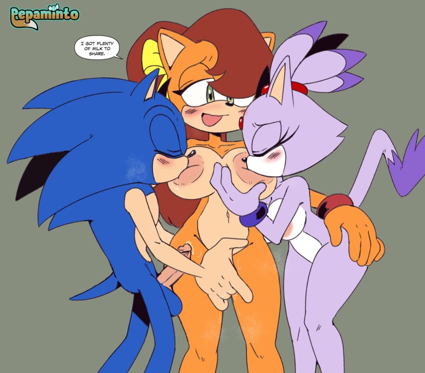 1boy 2girls anthro anthro_only anthrofied areolae blaze_the_cat blue_fur blush breast_sucking breasts closed_eyes english_text erection eyelashes finger_fuck fur furry furry_only green_eyes large_breasts nipples penis pepamintop purple_fur sega sonic_(series) sonic_the_hedgehog sonic_the_hedgehog_(series) speech_bubble standing text tiara_boobowski white_fur