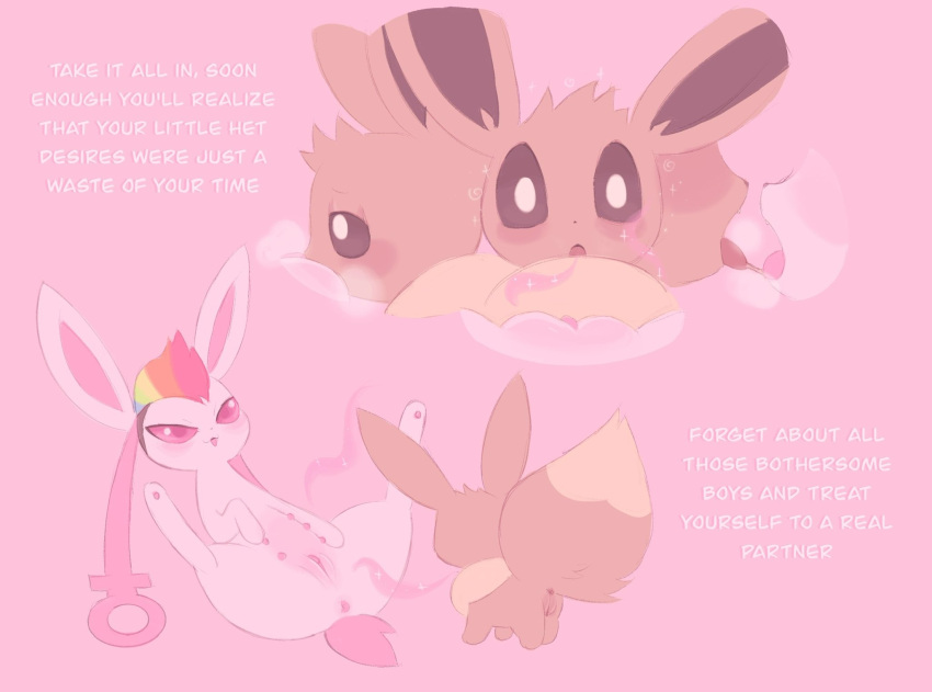 2022 aphrodisiac blush bodily_fluids brown_body coercion cunnilingus dialogue digital_media_(artwork) duo eevee eeveelution english_text fakémon fan_character feet female female/female female_symbol feral flat_colors french_kissing fur gender_symbol genitals hair hi_res kissing labbit1337 lesbeon level_difference mammal markings multi_nipple multicolored_body multicolored_fur multicolored_hair nintendo nipples open_mouth oral orientation_play pheromones pink_background pokémon_(species) pokemon pokemon_only presenting presenting_pussy pussy questionable_consent rainbow_hair saliva sex simple_background smile spread_legs spreading straight_to_gay symbol tail_markings text tongue tongue_out vaginal_penetration video_games