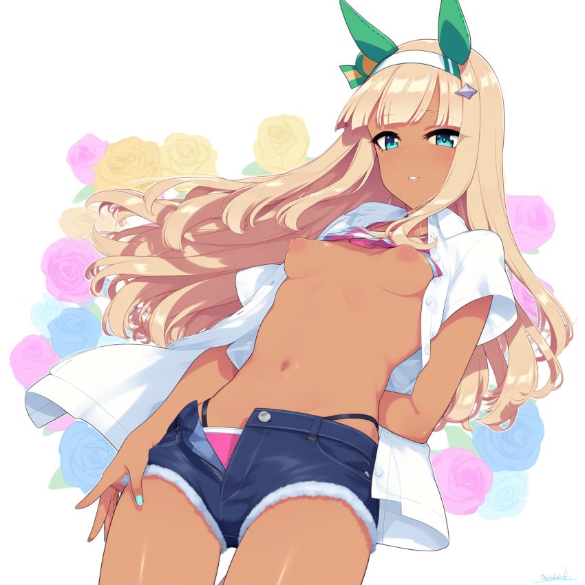 ai_generated blonde_hair breasts g-string gyaru jean_shorts pink_nipples silence_suzuka_(umamusume) small_breasts tan_skin teal_eyes umamusume umamusume_pretty_derby