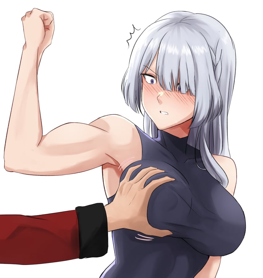 1other ak-15_(girls'_frontline) bangs biceps black_shirt blush breast_grab breasts clenched_hand commander_(girls'_frontline) cyka female flexing girls'_frontline go_on_feel_it_(meme) grabbing hair_over_one_eye highres long_hair long_sleeves meme muscular muscular_female nose_blush parted_lips pose purple_eyes shirt silver_hair simple_background sleeveless sleeveless_shirt solo_focus upper_body