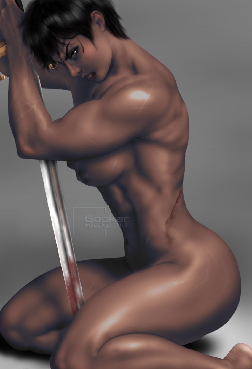 1girls ass berserk black_hair blood breasts brown_hair casca completely_nude_female dark-skinned_female dark_skin female female_only gookar grey_background hi_res human kneeling looking_at_viewer muscular muscular_female nipples nude nude_female scar short_hair solo sword tomboy watermark