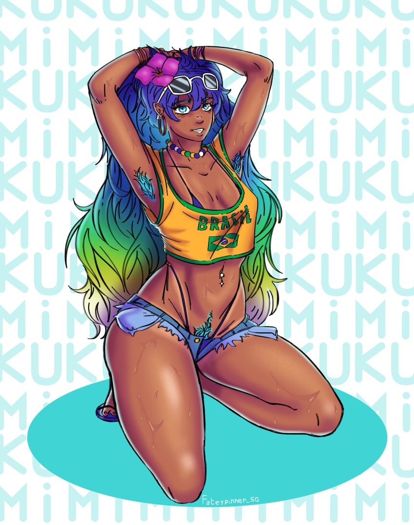 1girls armpit_hair armpits arms_up blue_armpit_hair blue_hair blue_pubic_hair brazil brazilian brazilian_female brazilian_miku busty fatespinner_sg female female_focus female_only gradient_hair happy_trail hatsune_miku hourglass_figure kneeling long_hair medium_breasts pubes pubic_hair small_breasts solo tan tan_body tan_skin twintails vocaloid wide_hips