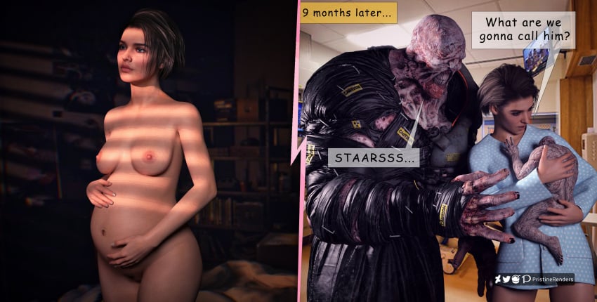 1boy 1girls 2koma 3d before_and_after belly big_belly breasts brown_hair capcom comic dialogue enemies_to_lovers female humor jill_valentine male monster nemesis_(resident_evil) nipples pregnant pristinerenders resident_evil text zombie