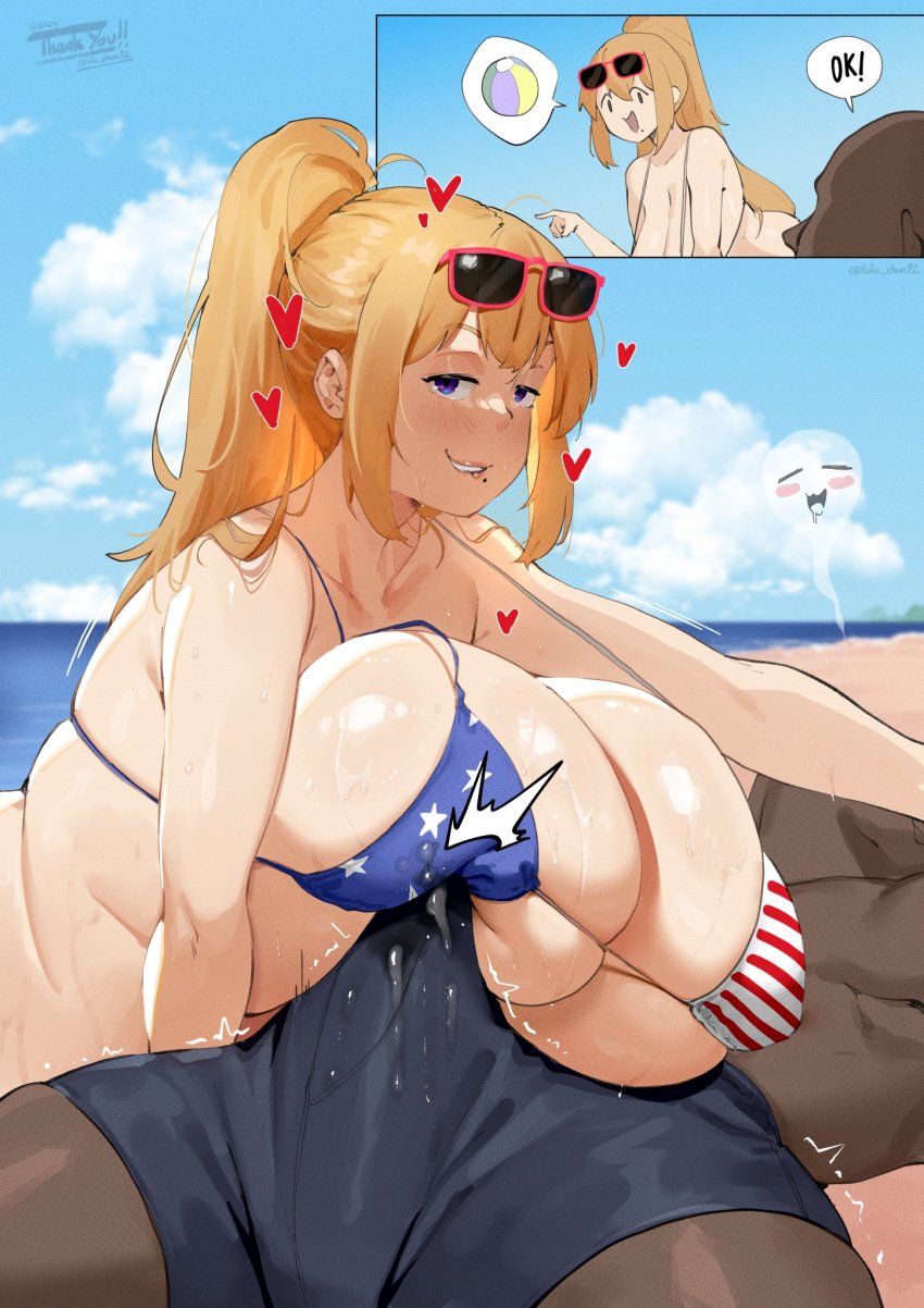 1boy 1girls 2koma alissa_(boobydoody64) american_flag_bikini beach bikini biting_lip blonde_hair blue_eyes blue_sky blush breasts cum cum_through_clothes dark-skinned_male dark_skin erect_penis erection erection_under_clothes heart huge_breasts light-skinned_female light_skin lulu-chan92 original outdoors ponytail sky sunglasses sunglasses_on_head swimsuit