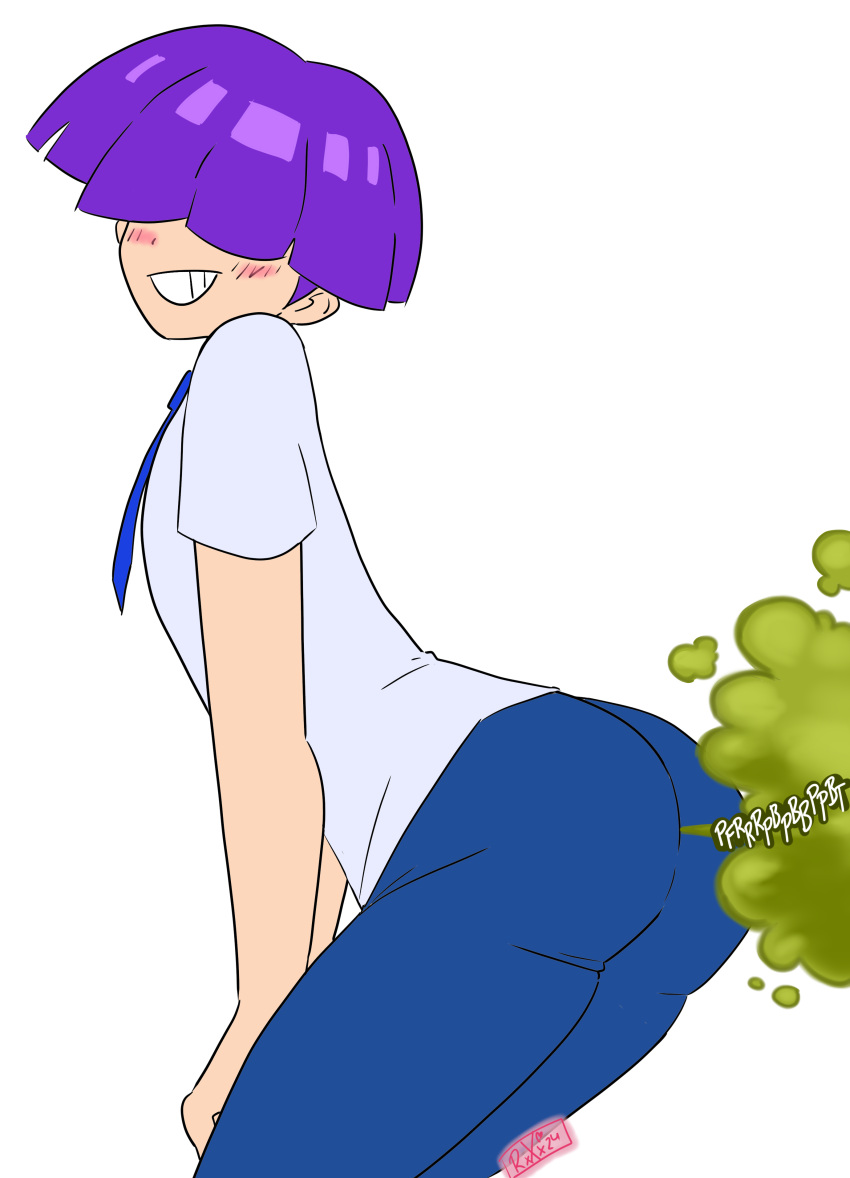 1boy 2024 aged_up artist_signature ass big_butt blue_pants blue_tie blush butt_focus commission commissioner_upload digital_drawing_(artwork) digital_media_(artwork) fart fart_cloud fart_fetish farting flat_colors flirting flirty green_fart hair_covering_eyes imaranx male male_fart male_only onomatopoeia purple_hair puyo_puyo ranxxxu sasaki_maguro short_hair simple_background smirk white_background white_shirt white_text