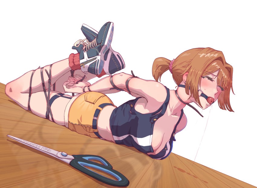 ankle_socks anklehighs arms_tied_behind_back asphyxiation ball_gag bondage bound_legs bound_wrists brown_hair choking closed_eyes gag gagged girls'_frontline grizzly_mkv_(girls'_frontline) grizzly_mkv_(weekend_cop)_(girls'_frontline) guangmi leveen orange_socks saliva socks suffocation tears zip_tie