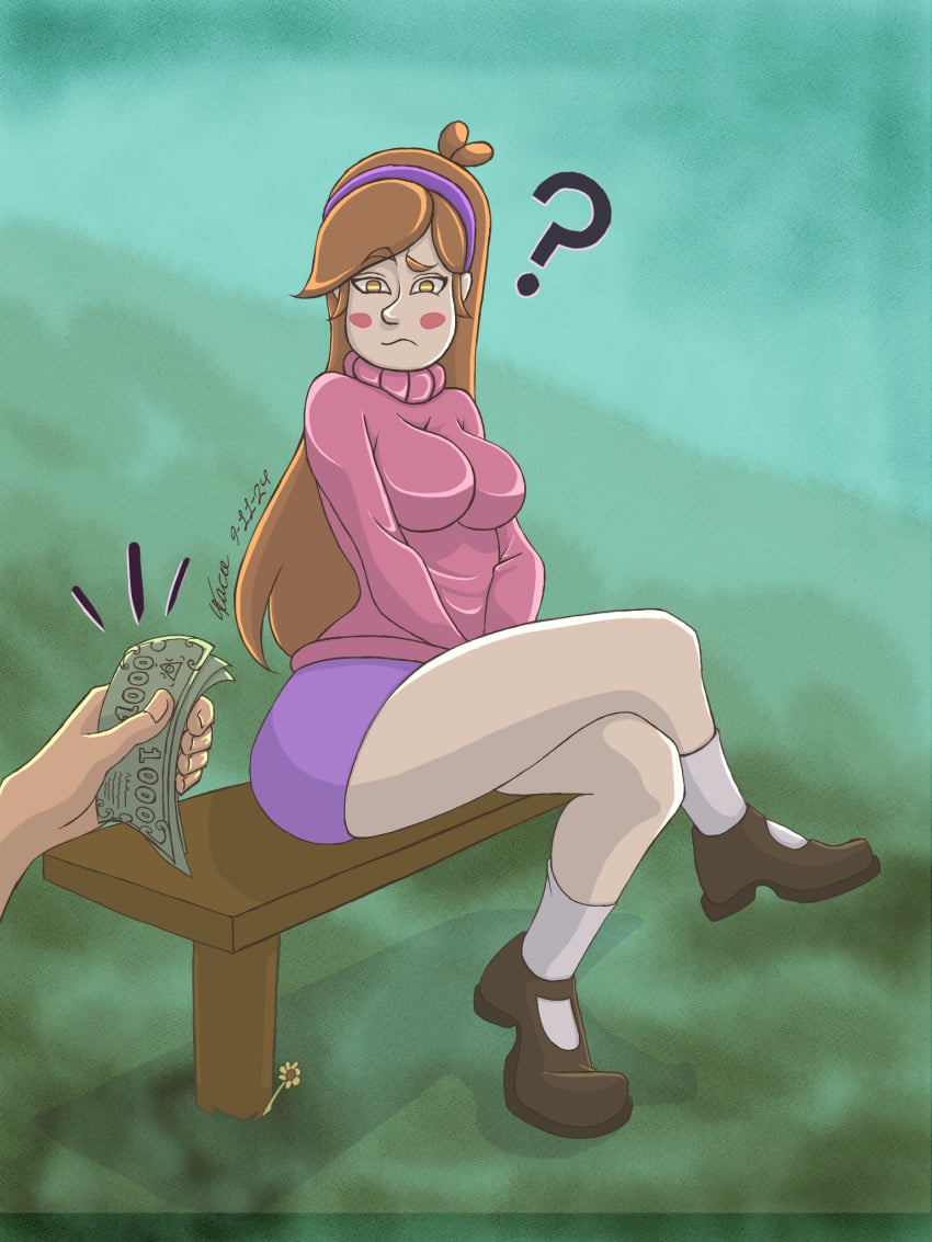 1girls big_ass big_breasts big_thighs bill_cipher brown_eyes brown_hair cartoon disney female female_focus gravity_falls mabel_pines money offscreen_character offscreen_male taqo teen teenage_girl teenager thick_legs thick_thighs thighs