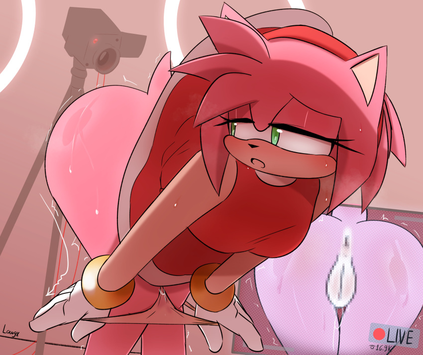 amy_rose anthro anus ass big_butt blood blush bodily_fluids camera censored censored_anus censored_genitalia censored_pussy clothing eulipotyphlan female genitals green_eyes hedgehog hi_res lawgx mammal mosaic_censorship panties pussy sega solo sonic_(series) sonic_the_hedgehog_(series) sweat sweaty_legs sweaty_thighs underwear video_camera