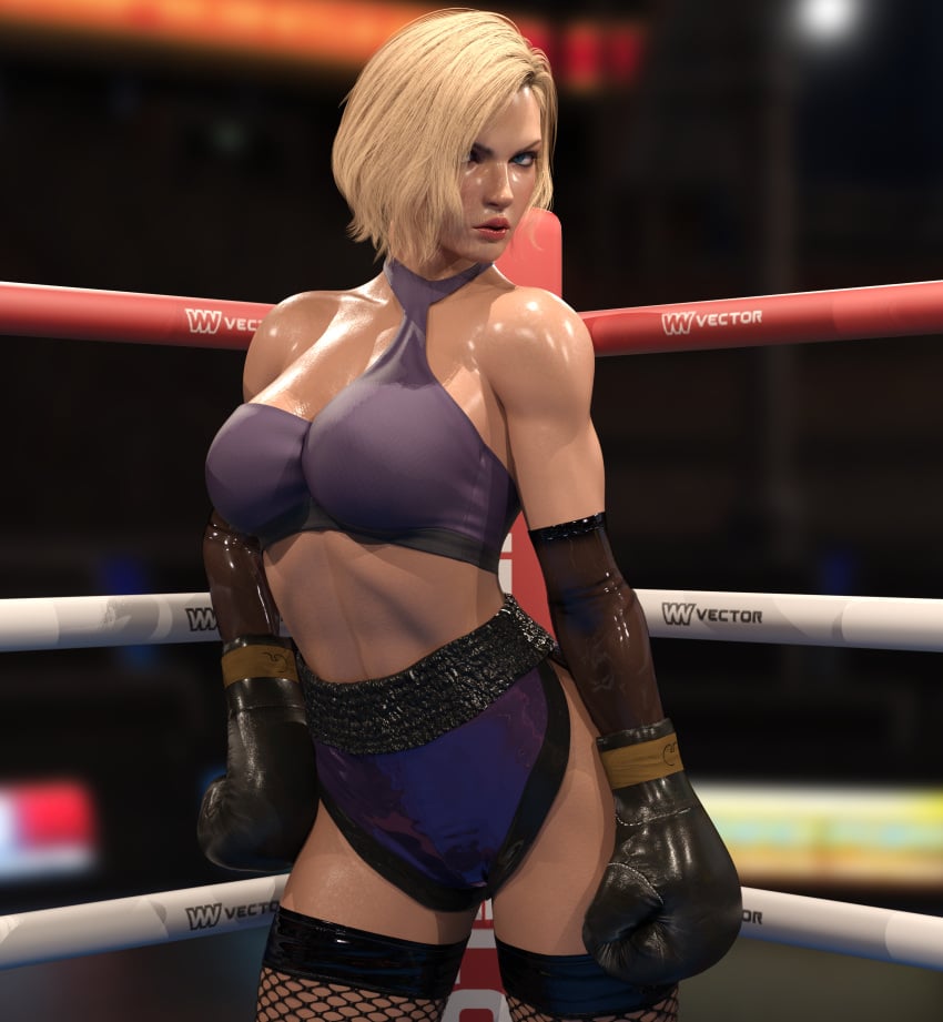 1girls 3d 3d_(artwork) bandai_namco big_breasts black_boxing_gloves black_gloves blonde_hair boxing boxing_gloves boxing_ring female female_only fighting_ring gloves invadermurilox light-skinned_female light_skin milf nina_williams solo sweat tagme tekken tekken_8