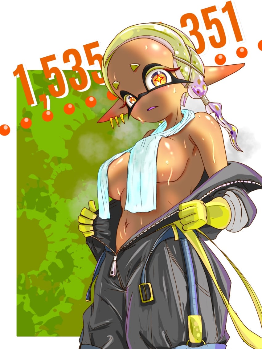 1girls big_breasts bodysuit covered_nipples dark-skinned_female ear_piercing from_below frye_(splatoon) gloves jumpsuit looking_at_viewer navel open_mouth pointy_ears purple_hair purple_tongue salmon_run solo splatoon splatoon_3 sweat sweating t2ukmyjm tentacle_hair tied_hair towel towel_around_neck two-tone_hair undressing unzipped unzipped_jumpsuit wet wet_body yellow_eyes yellow_hair