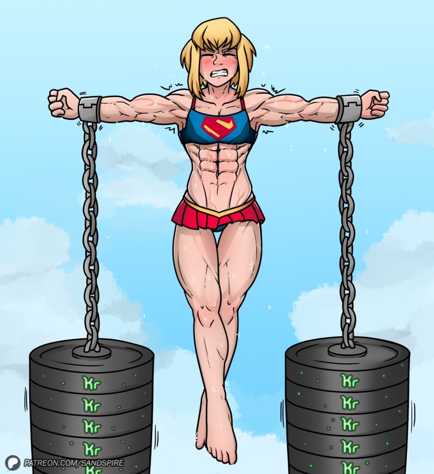 1girls abs athletic_female barefoot blonde_hair eight_pack fit_female muscular_arms muscular_female muscular_thighs my_adventures_with_superman sandspire small_breasts supergirl supergirl_(my_adventures_with_superman) sweat tomboy veiny_muscles weights workout workout_clothes