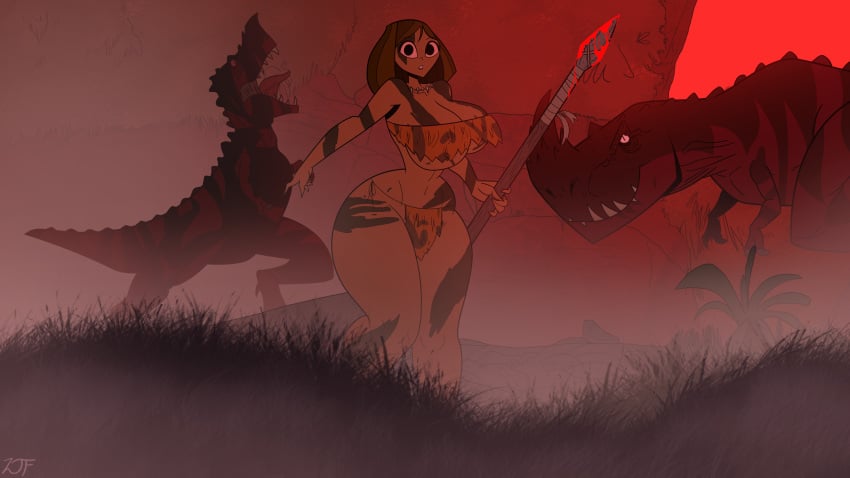 1girls barely_clothed belly belly_button big_ass big_breasts black_eyes blood brown_hair camouflage cavewoman cosplay courtney_(tdi) crossover dinosaur fog freckles full_body grass loincloth makeup mountain mud navel necklace orange_lipstick pinup plant primal_(series) red_sky rock rustysh4ckl3ford short_hair spear thick_ass thick_thighs tiger_skin tiger_stripes total_drama_island trees tyrannosaurus_rex