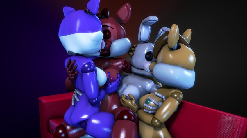 3d 3d_(artwork) 4girls cindy_(fnac) fazbear_fanverse five_nights_at_candy's five_nights_at_freddy's hand_on_breast hand_on_head kissing lesbians making_out popgoes rachel_(tnar) saffron_(popgoes) sara_(popgoes) scissoring tagme those_nights_at_rachel's yuri