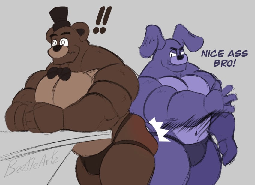 !! 2boys anthro anthro_only ass ass_jiggle bara beetleartz big_ass big_butt big_chest big_pecs bigbchevalier black_bowtie black_hat black_top_hat blue_body blue_fur bonnie_(fnaf) bowtie bros_being_bros brown_body brown_fur bubble_ass bubble_butt butt butt_jiggle chest exclamation_point five_nights_at_freddy&#039;s freddy_(fnaf) gay gay_ass hat humanoid humanoid_only jockstrap jockstrap_only lagomorph lagomorph_humanoid male male_only muscles muscular muscular_arms muscular_male pecs shocked_expression slapping_ass spank_mark text top_hat tophat unknown_source ursid ursine_humanoid