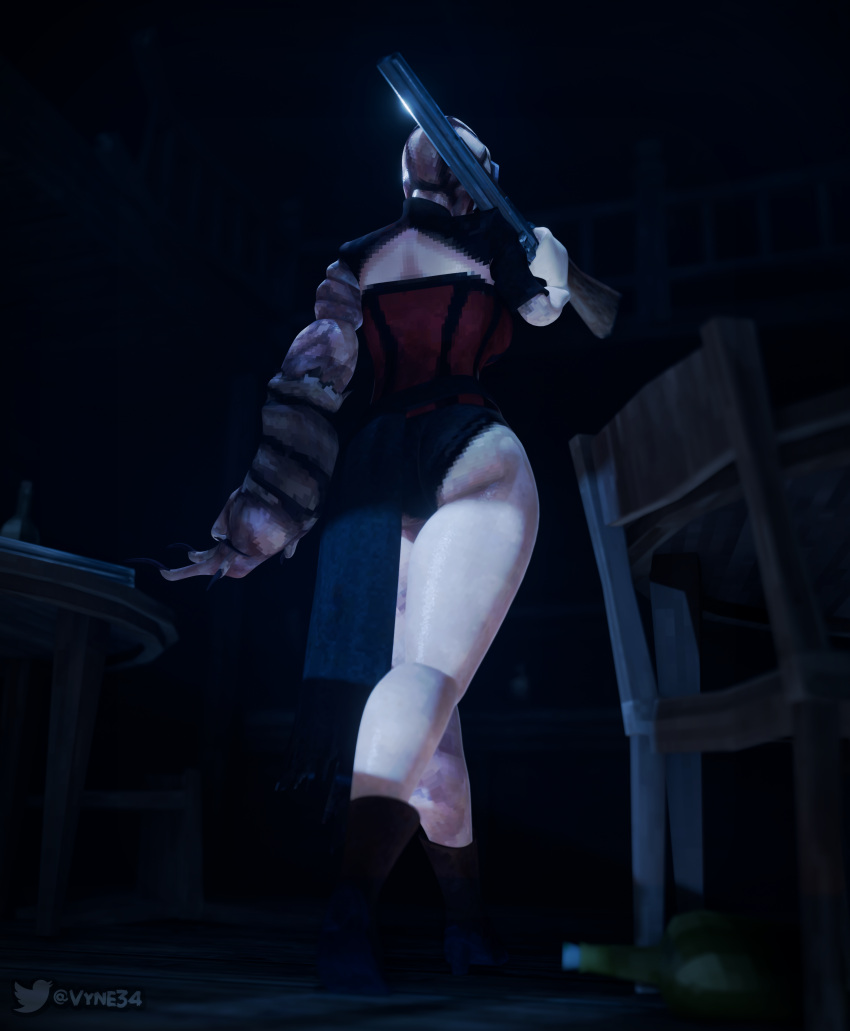 1girl 1girls ass_focus big_ass blood_west boots corset cryptid glowing halloween_theme heel_boots heels hi_res highres holding_shotgun horror horror_(theme) low-angle_view monster monster_girl pale-skinned_female pale_skin prostitute saloon shotgun thick thick_ass thick_legs thick_thighs thighs underwear vyne walking wide_hips