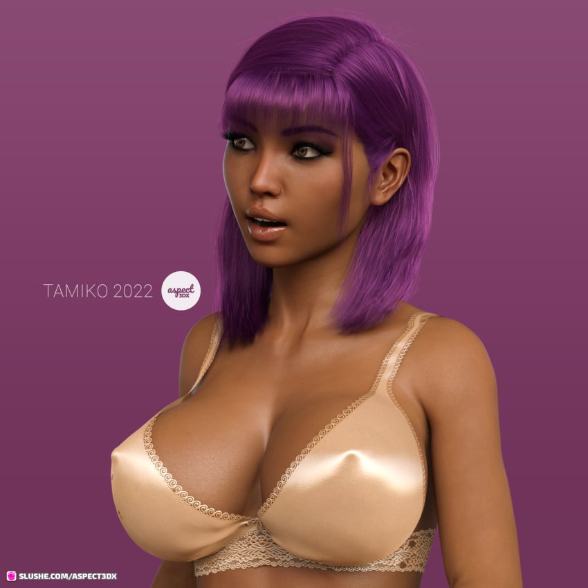 1futa 1girls 3d asian asian_futanari aspect3dx bra close-up dark-skinned_futanari dark_skin dyed_hair futa_only futanari huge_breasts huge_cock medium_hair on_knees original original_character purple_hair slushe_(website) solo solo_futa tamiko_(aspect3dx)