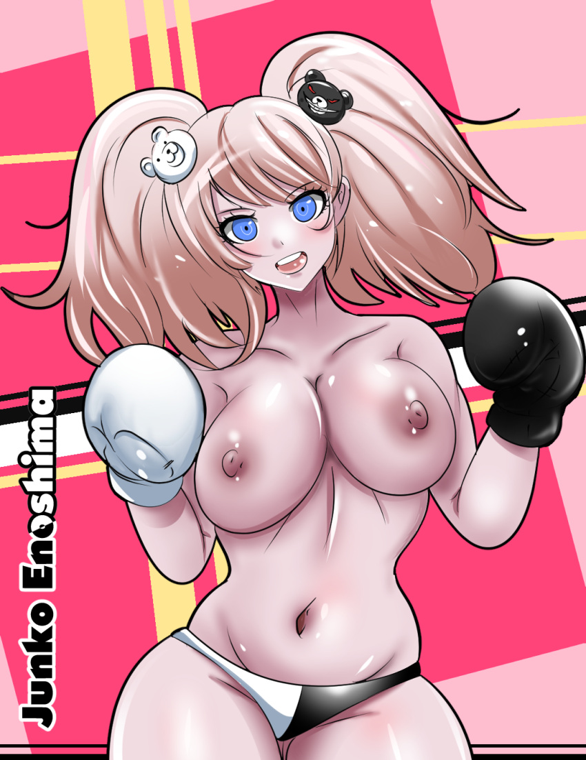 1girls bikini bikini_bottom black_boxing_gloves black_glove blue_eyes boxing boxing_gloves breasts commission commissioner_upload danganronpa eartheas eyebrows_visible_through_hair female female_only gloves junko_enoshima large_breasts light-skinned_female light_skin mismatched_boxing_gloves mismatched_gloves nipples open_mouth panties solo straight_hair thick thick_hips thick_thighs topless twintails two-tone_bikini two-tone_panties upper_teeth white_boxing_glove white_glove wide_hips