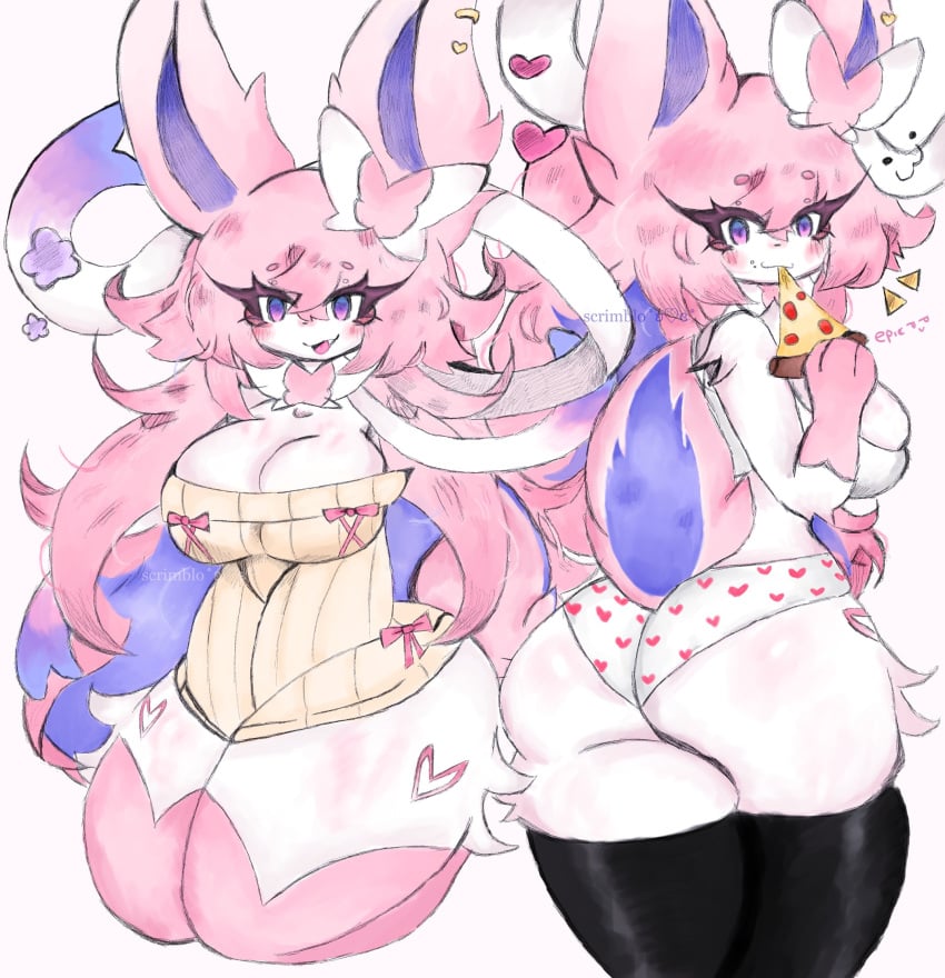 1girls accessory anthro ass awwwthescrimblo big_ass big_butt female female_focus female_only food heart hearts pizza pokemon pokemon_(species) sylveon thick_thighs thighs