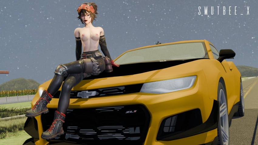 bumblebee_(transformers) camaro chevrolet fortnite fortnite:_battle_royale seductive_smile tagme the_machinist_(fortnite) topless transformers