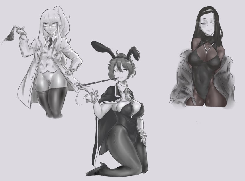 black_and_white bunny_ears bunnysuit cage_(artist) distortion_detective hag iori_(library_of_ruina) library_of_ruina long_ass_pipe_tf mirinae_(library_of_ruina) moses_(distortion_detective) mostly_clothed multiple_girls pinup project_moon tagme thick_thighs thigh_highs undressing