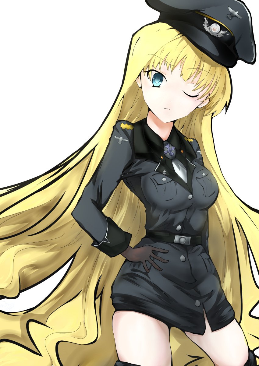 absurdres black_coat blonde_hair blue_eyes blush breasts coat daiteikoku highres medium_breasts narrowed_eyes non-web_source one_eye_closed retia_adolf union_jack white_background