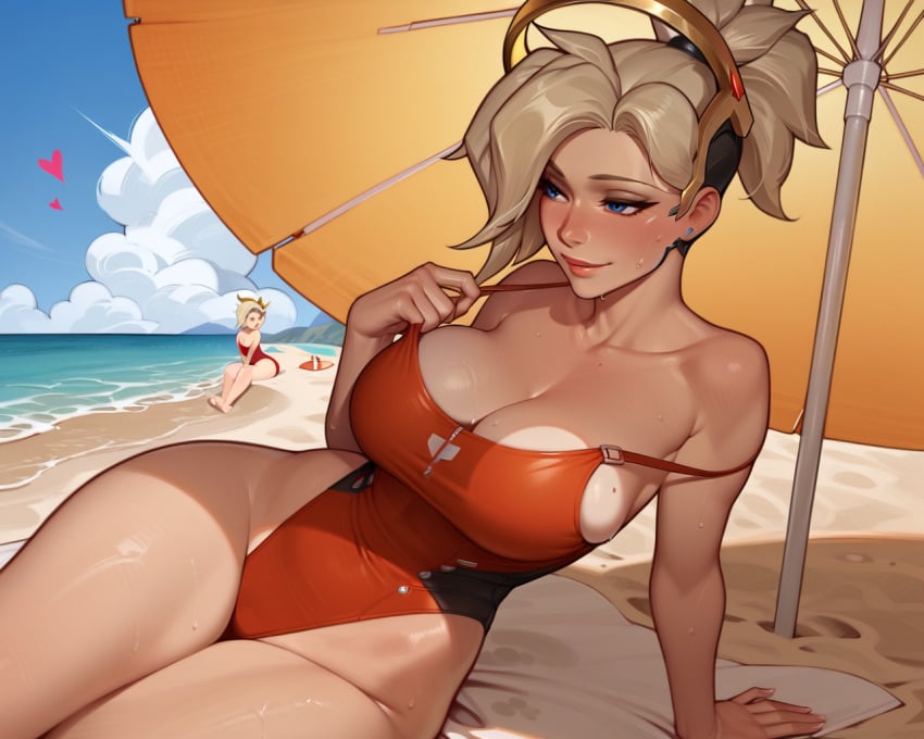 11_22 ai_generated angela_ziegler beach blizzard_entertainment blonde_hair blue_eyes blush breasts cleavage female female_focus female_only large_breasts looking_away lying_on_side mercy one-piece_swimsuit overwatch ponytail seductive_smile sitting strap_slip sweat thick_thighs thighs umbrella wide_hips