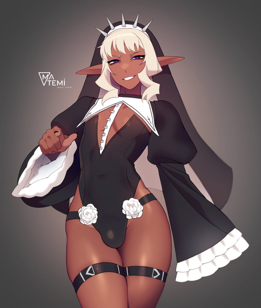 1boy alternate_costume blonde_hair boob_window bulge dark-skinned_femboy dark-skinned_male dark_skin delicious_in_dungeon dungeon_meshi elf elf_ears elf_male femboy hi_res highres looking_at_viewer matemi nail_polish nun nun_femboy nun_outfit pointing purple_eyes sissy thigh_strap thistle_(dungeon_meshi)