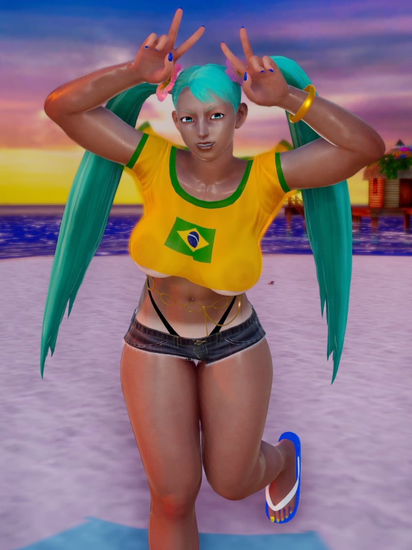 3d bare_midriff beach big_breasts brazil brazilian brazilian_female brazilian_miku brazilian_miku_(cosplay) breasts busty capcom crop_top ecchi_fighties female female_focus female_only hatsune_miku hourglass_figure latin_american_hatsune_miku_(meme) outdoors outside rainbow_mika street_fighter tagme tan tan_body tan_skin tanline underboob vocaloid wide_hips