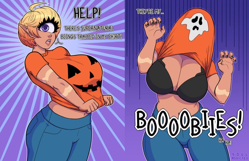 1girls ahoge big_breasts blonde_hair bra claw_pose clothes_lift cyclops dialogue english_text eyelashes female female_only halloween hi_res looking_at_viewer orange_hair pose purple_eyes solo souladdicted talking_to_viewer two_tone_hair viviana_(souladdicted)