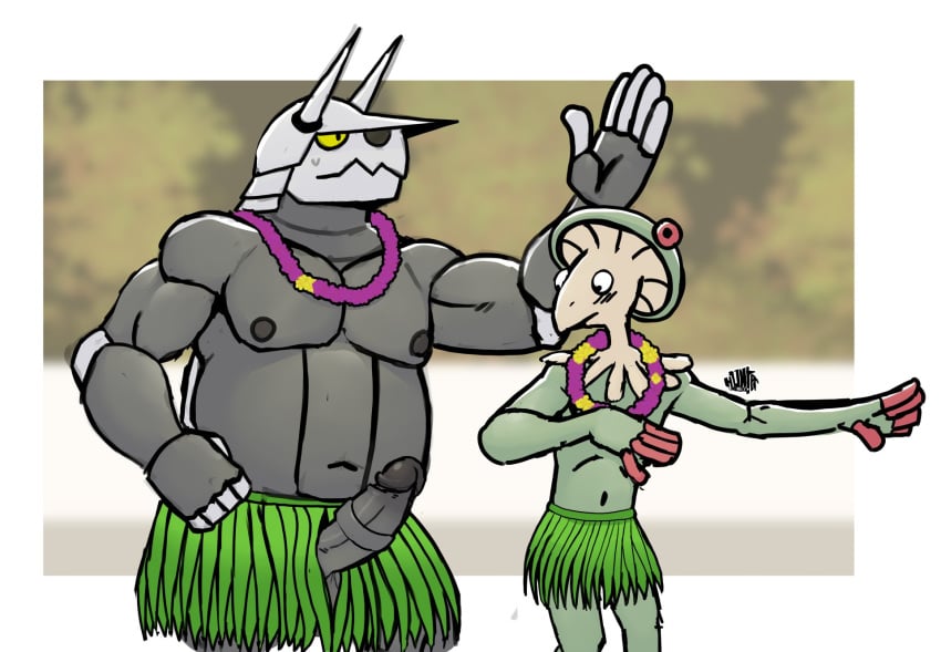 abs aggron anthro barefoot beach belly biceps big_muscles biped bodily_fluids breloom circumcised clothed clothing curtis_sara_taylor dancing duo erection feet femboy flower flower_necklace gay_panic generation_3_pokemon genitals grass_skirt green_body green_scales grey_body grey_scales hawaiian hi_res hula hula_dancer hula_dancing hunter-husky lei luau male musclegut muscular muscular_male navel nintendo nipples non-mammal_nipples penis plant plantigrade pokemon pokemon_(species) pupils red_body red_scales scales scalie simple_background surprise surprised_expression sweat sweatdrop three-quarter_view topless topless_anthro topless_male trenton_liddle triceps wardrobe_malfunction yellow_sclera