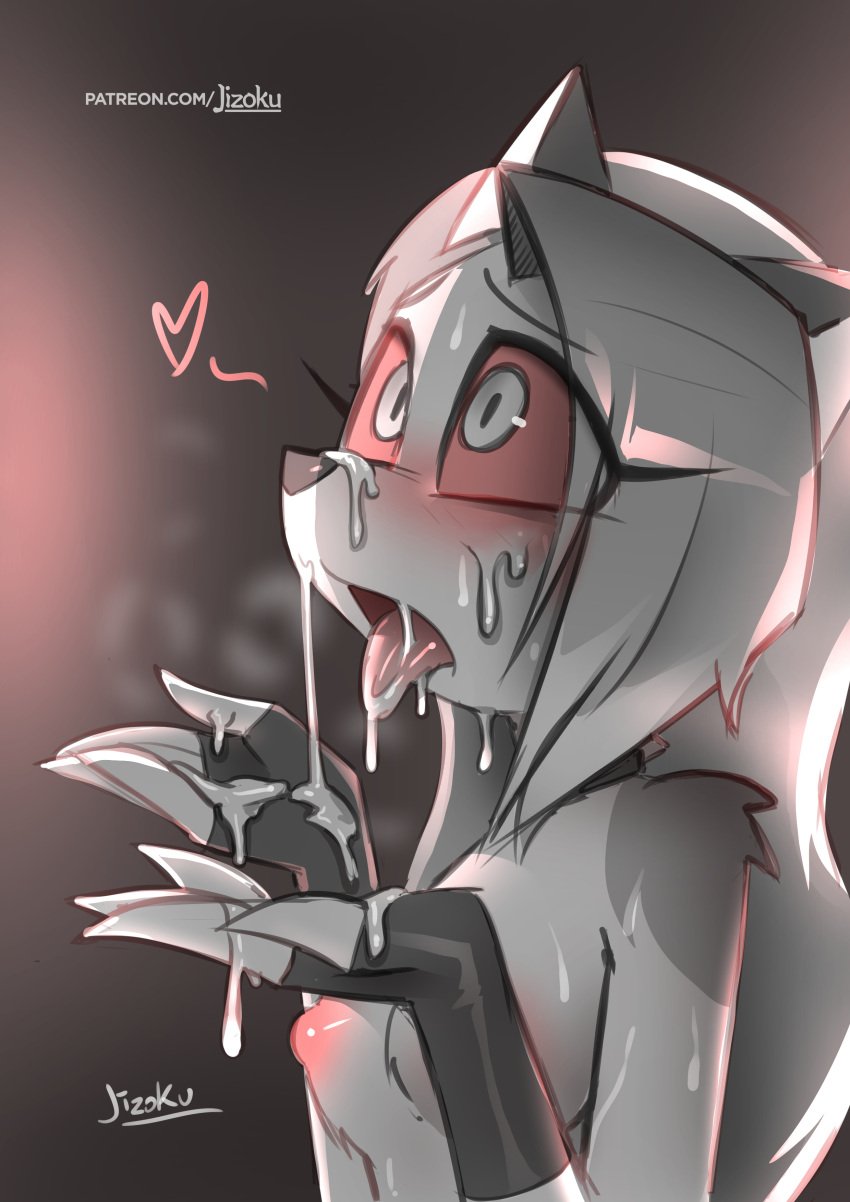 1girls 5_fingers anthro artist_signature black_fingerless_gloves black_nose blush blush_lines blushing breasts cartoony cum cum_in_mouth cum_on_body cum_on_face cum_on_hand cum_on_hands cum_on_tongue female female_only fingerless_gloves fingerless_gloves_only furry furry_only gloved_hands gloves grey_hair heart helluva_boss jizoku looking_up loona_(helluva_boss) naked nipples no_humans nude nude_female open_mouth patreon_url patreon_username red_eyes snout solo tongue tongue_out top_only upper_body white_body white_fur