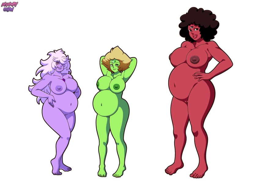 3girls amethyst_(steven_universe) belly big_belly big_breasts breasts cartoon_network female garnet_(steven_universe) green-skinned_female green_skin hand_on_hip mimorychan nipples nude peridot_(steven_universe) pregnant purple-skinned_female purple_skin pussy red-skinned_female red_skin steven_universe