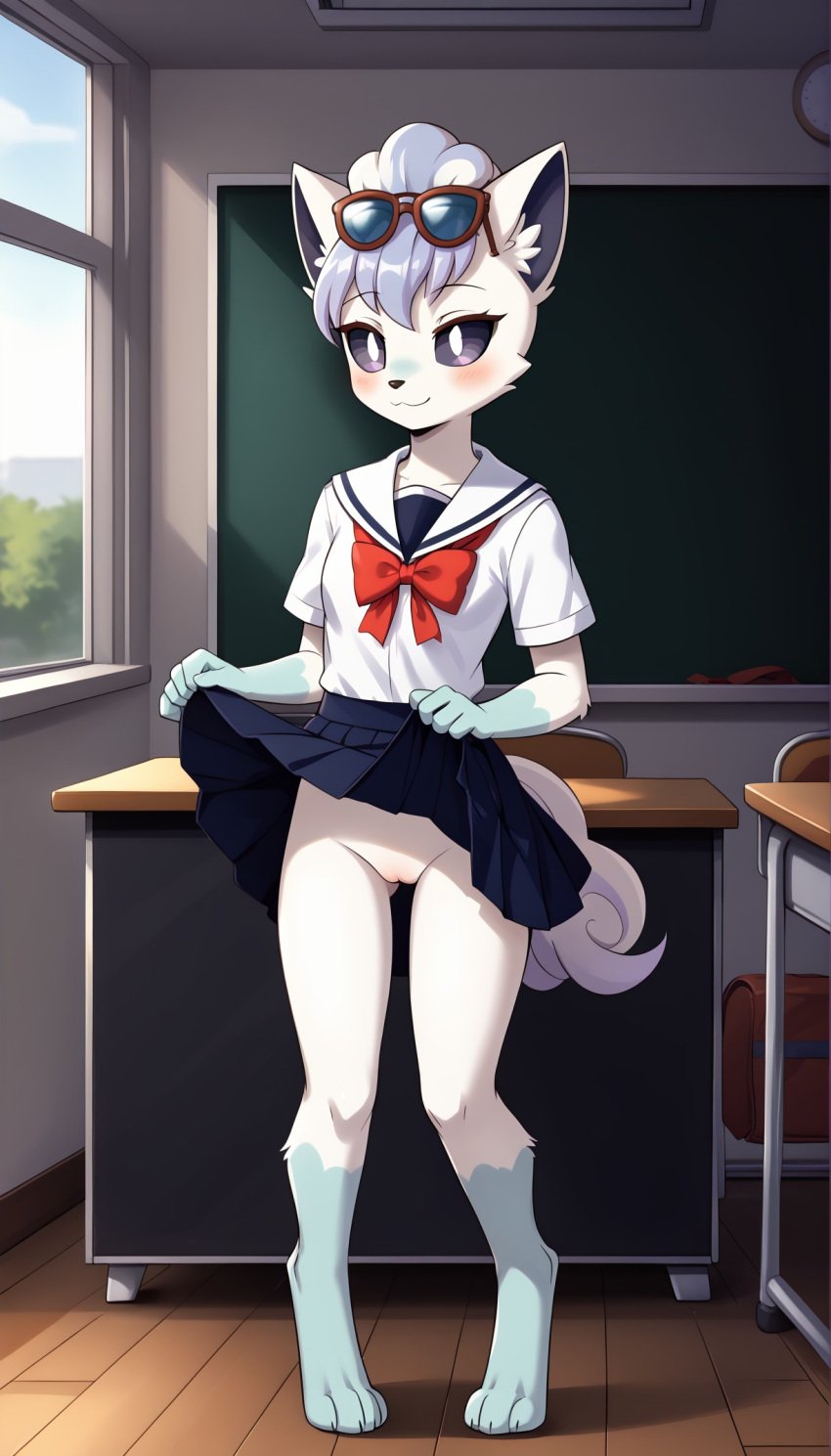 1girls 2024 ai_generated alolan_vulpix anthro blue_fur blushing classroom digitigrade female female_only flashing flashing_pussy generation_1_pokemon generation_7_pokemon hi_res indoors inner_ear_fluff innie_pussy looking_at_viewer no_panties pussy regional_form_(pokemon) school_uniform skirt skirt_lift smile sunglasses sunglasses_on_head vulpix white_fur