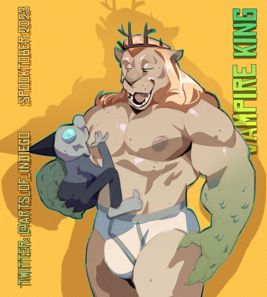 adventure_time anthro arts_of_indiego balls bara barazoku bulge flaccid furry gay lion male male_only muscles muscular nipple_suck penis size_difference sucking_nipple the_fool_(adventure_time) underwear underwear_only vampire_king