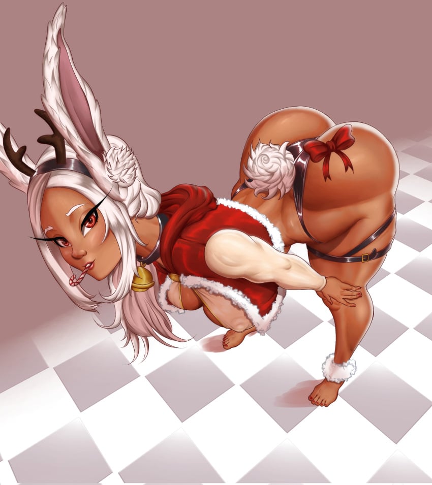 1girls ass ass_focus barefoot bending_over big_ass boku_no_hero_academia breasts camera_view christmas_outfit curvaceous curvy curvy_female curvy_figure feet female female_focus female_only looking_at_viewer miruko my_hero_academia pzilart rabbit_ears rumi_usagiyama solo