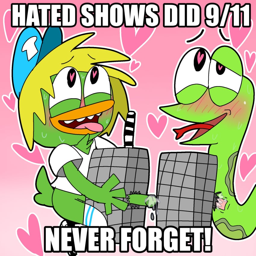 9/11 anatid animal_genitalia anseriform anthro avian beak bird blush blushing blushing_male bodily_fluids breadwinners building clothing color colored craig_(sanjay_and_craig) cum digital_media_(artwork) duck duo english english_text erection fur genital_fluids genitals gradient_background group hair heart heart-shaped_pupils heart_eyes heart_symbol hearts hearts_in_background hi_res humanoid_genitalia humor humor_porn impact_(font) male male/male male_penetrating mammal meme never_forget nickelodeon penetration penile penis pink_heart pink_hearts real_world reptile sanjay_and_craig scalie serpentine sex simple_background skyscraper snake solo swaysway tail text tongue tongue_out topwear twin_towers unknown_artist white_outline