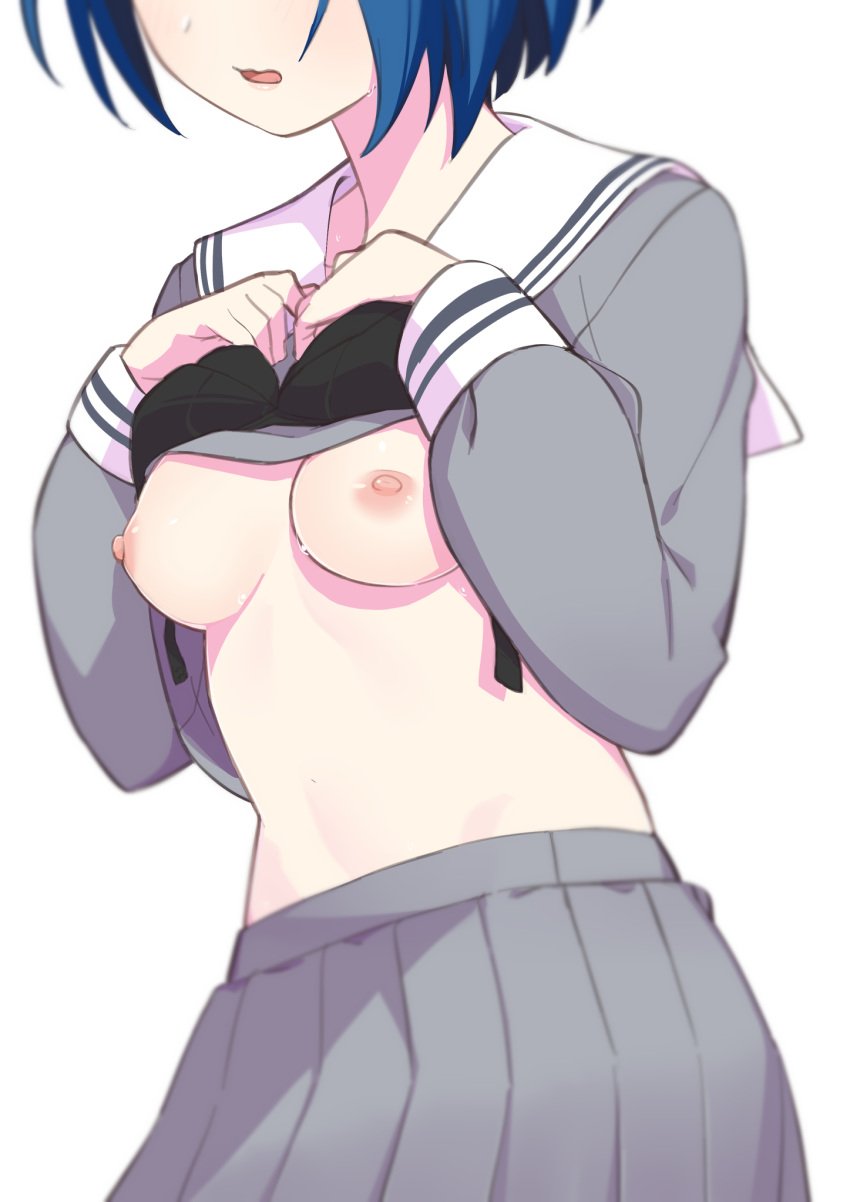 blue_hair bra_lift breasts_out eyes_out_of_frame female_focus kiritani_haruka light-skinned_female morisobo project_sekai school_uniform shirt_lift small_breasts white_background