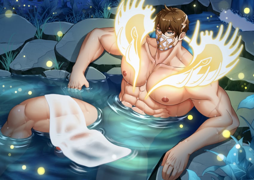 1boy abs antlers bara brown_hair eikthyrnir_(fire_emblem) english_commentary fire_emblem fire_emblem_heroes glowing_antlers highres horns huge_cock large_pectorals male_focus mask mouth_mask muscular muscular_male nipples nude paid_reward_available pectorals penis rock short_hair solo taiyoubara thick_thighs thighs towel water wet