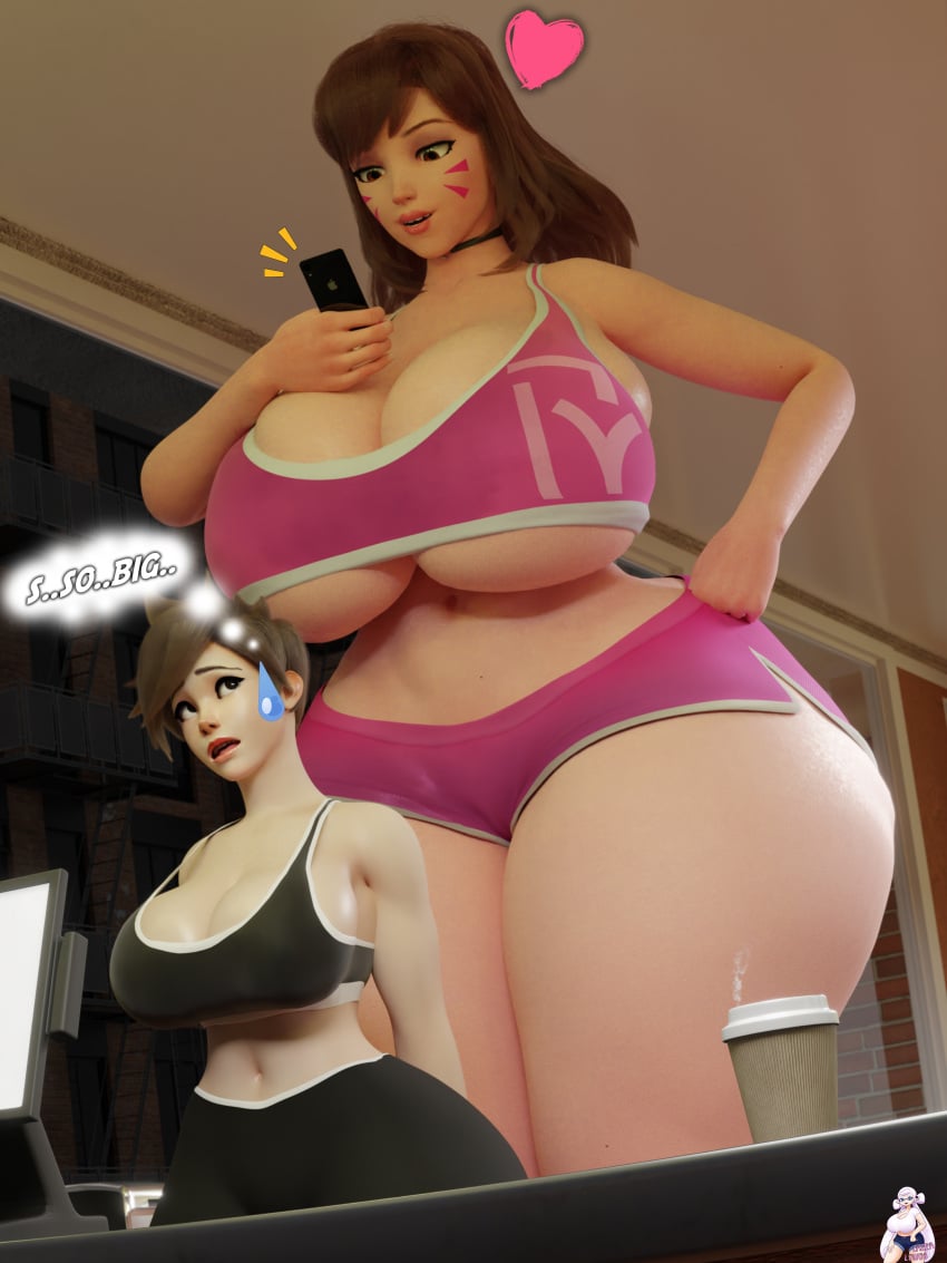 2girls 3d 3d_(artwork) asian asian_female big_breasts blizzard_entertainment breasts breasts_bigger_than_head british british_female clothed clothed_female d.va giantess hana_song hips hyper korean korean_female larger_female lazza_(artist) lena_oxton light-skinned_female light_skin long_hair mini_giantess overwatch overwatch_2 overweight short_hair smaller_female thick_thighs thighs tracer video_game_character wide_hips