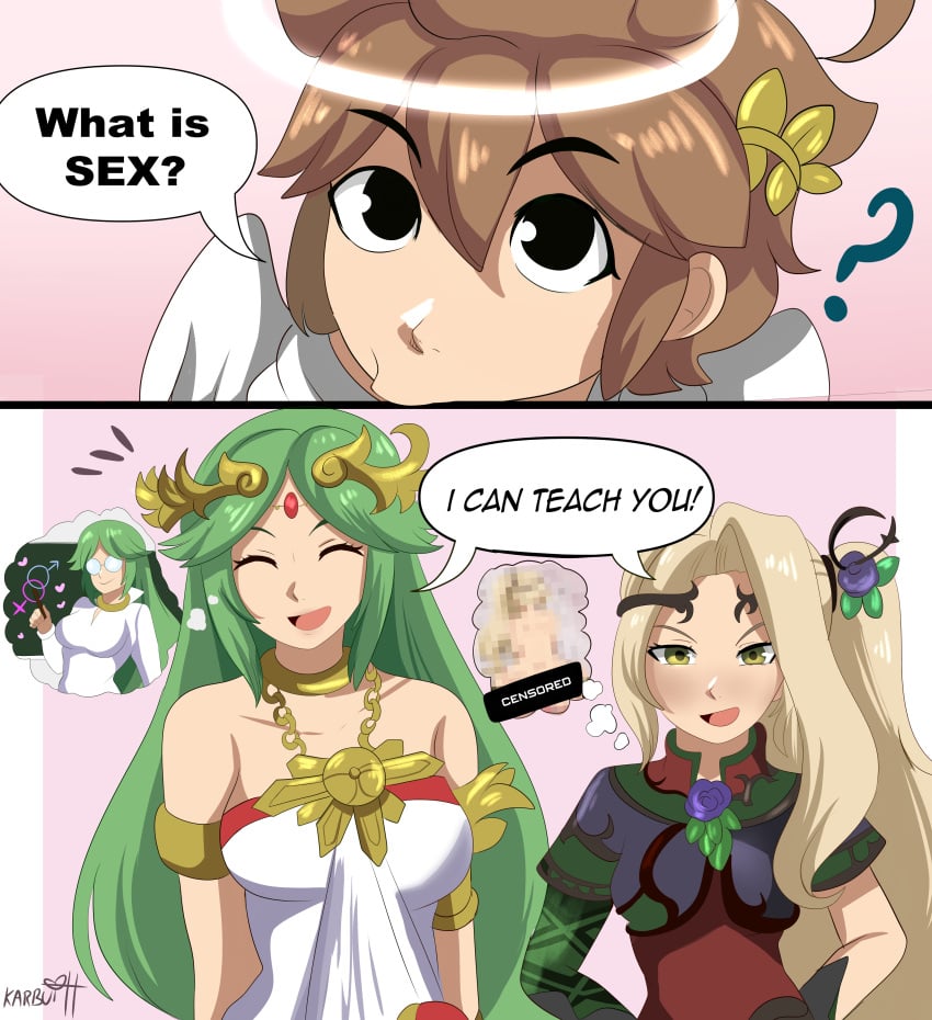 1boy 2girls 2koma angel angel_wings asking asking_a_question bedroom black_eyes blackboard blonde_hair brown_hair censor_bar censored closed_eyes clothed dialogue english_text female funny glasses goddess green_hair halo karbuitt kid_icarus kid_icarus_uprising long_blonde_hair long_green_hair long_hair long_ponytail looking_at_viewer male nintendo palutena pit_(kid_icarus) pixelated school_teacher sex_education sexually_ignorant smile speech_bubble thought_bubble very_high_resolution viridi yellow_eyes