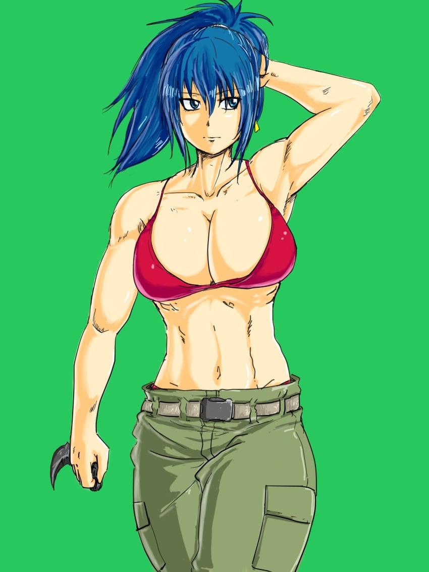 1girls alternate_breast_size artist_request belt big_breasts blue_eyes blue_hair bra breasts breasts_out clothed clothed_female earrings female hand_up ikari_warriors king_of_fighters large_breasts legs leona_heidern light-skinned_female light_skin long_hair military_clothing pants pockets snk source_request thick_thighs thighs tied_hair voluptuous voluptuous_female