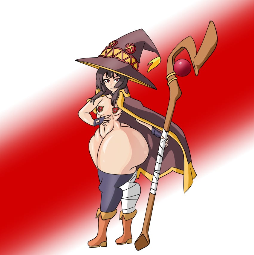 1girls barely_clothed brown_hair cape female female_only flat_chest hat huge_ass kono_subarashii_sekai_ni_shukufuku_wo! megumin naked naked_female pasties solo solo_female staff standing wizard_hat