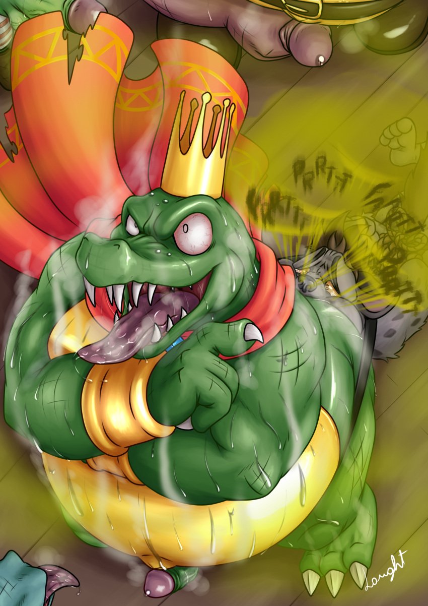 anthro belly bodily_fluids claws crocodile crocodilian crocodylid crown donkey_kong_(series) duo fart fart_cloud fart_fetish fart_torture farting_in_mouth farting_on_another gassy genitals group headgear hi_res hyena k_rool laught468 male male/male mammal musk nintendo obese obese_anthro obese_male open_mouth overweight overweight_anthro overweight_male penis reptile scalie size_difference small_penis smelly sweat teeth tongue tongue_out