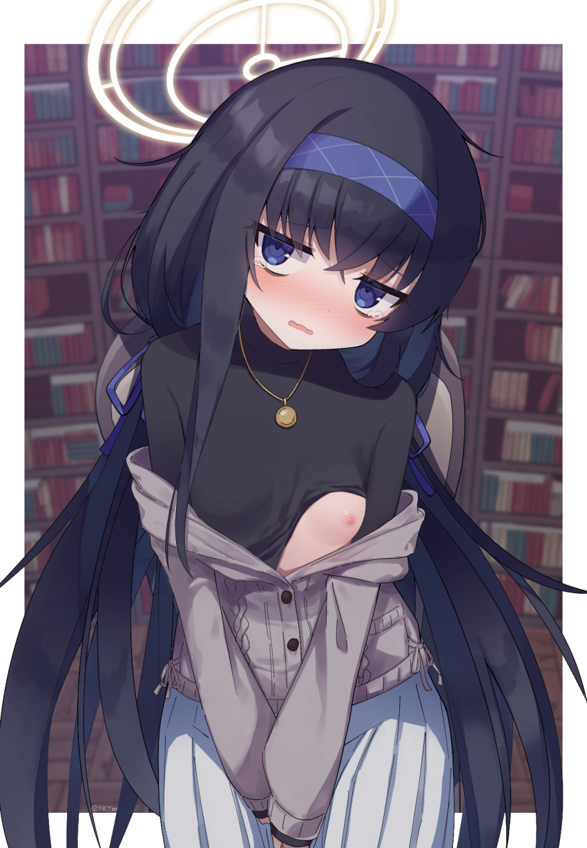 black_hair blue_archive blue_eyes blurry blurry_background blush bookshelf breasts chair commentary_request female glaring halo headband highres jewelry jitome library_committee_(blue_archive) long_hair necklace nipples school_uniform sitting small_breasts solo sweater tears trinity_general_school_student ui_(blue_archive) waon_(43ctw)