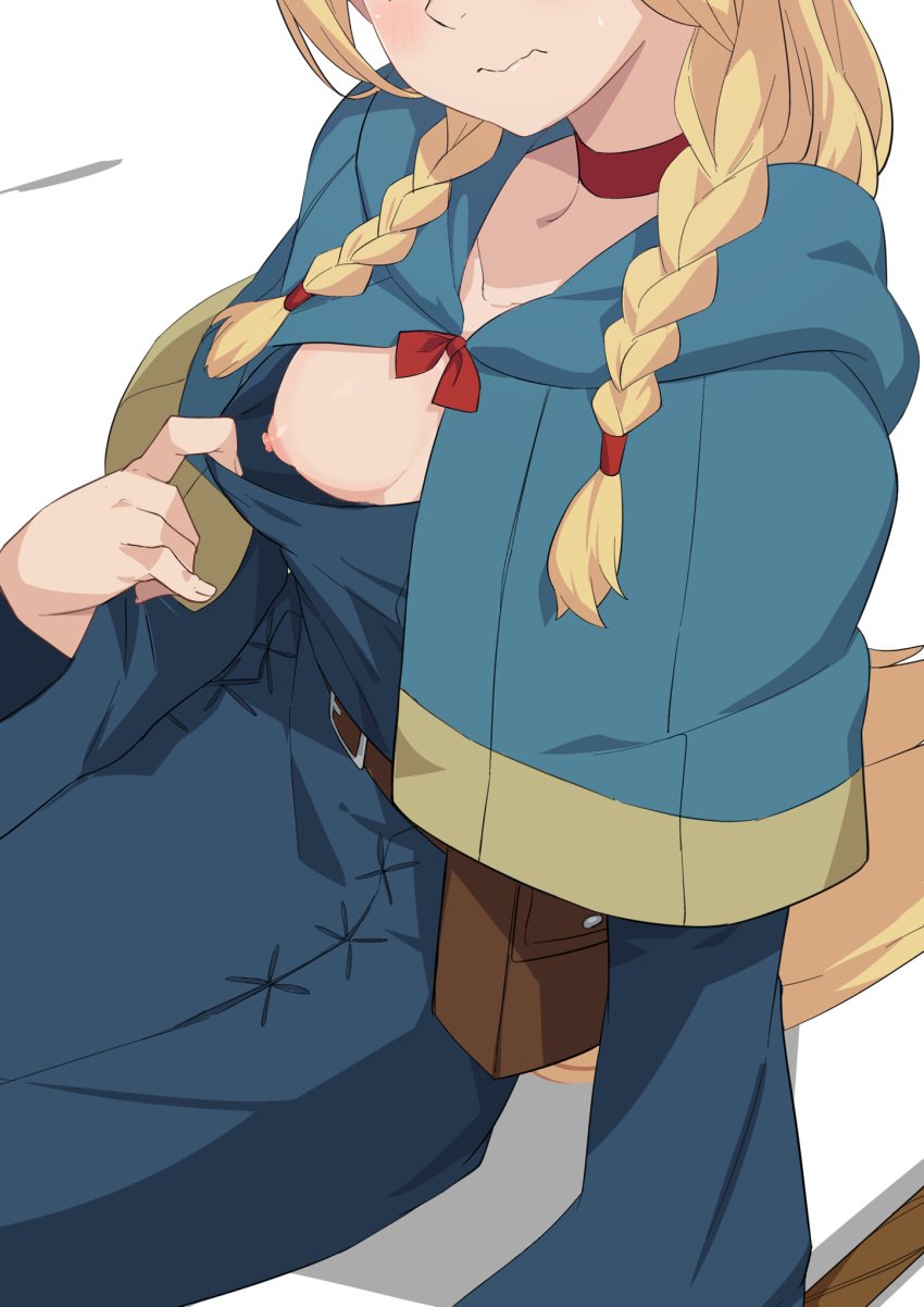 blonde_hair dungeon_meshi elf embarrassed eyes_out_of_frame female_focus flashing long_hair marcille_donato medium_breasts morisobo one_breast_out sitting twin_braids wavy_mouth